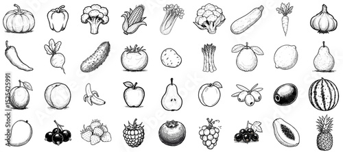 Illustration of assorted hand-drawn fruits and vegetables in black and white  