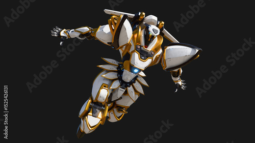 3d render of strong sci-fi mech samurai warrior with heavy white, gray, gold scratched metal armor in flying superhero pose, arms outstretched. Big asian military futuristic robot on dark background.