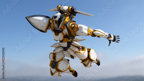 3d render of strong sci-fi mech samurai warrior with heavy white, gray, gold scratched metal armor in flying superhero pose, arms outstretched. Big asian military futuristic robot, blue sky background