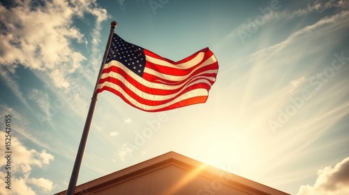 American flag blowing in the wind on a sunny day with a building visible in the foreground