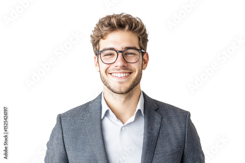 Portrait of a smiling young businessman wearing glasses and a gray suit jacket