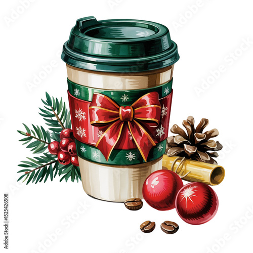 A festive takeout coffee cup is adorned with a decorative red bow and surrounded by a pine cone, holly, and Christmas ornaments