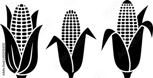 Silhouette of corn cobs with husk leaves in bold black vector, perfect for farming logos, agricultural icons, food packaging, and harvest-themed graphic design