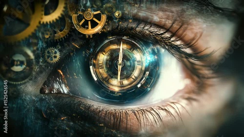 Close Up Of A Human Eye With Intricate Gold Gears And A Clock Face