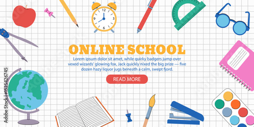 Online school web banner, poster. Online education, e-learning. Vector illustration.