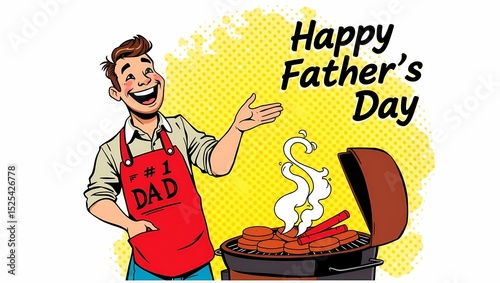 Happy Father's Day cartoon with dad grilling barbecue outdoors  