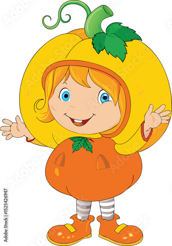 Cute Cartoon Girl Dressed in a Pumpkin Costume for Halloween