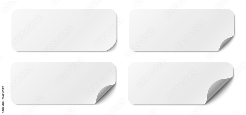 Paper stickers long square with rounded edges adhesive, isolated rounded plastic mockup, realistic set round paper curved corner, white tags, paper round stickers with peeling corner and shadow