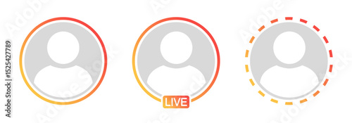 Live video streaming frame set, profile story icon, live stream circle frame, social media broadcast interface, stories user avatar