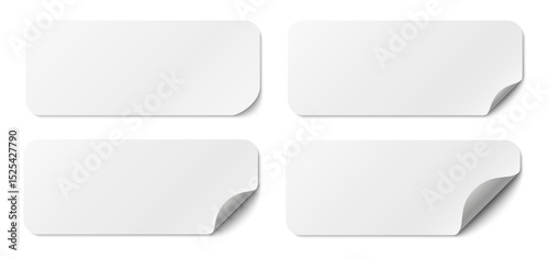 Paper stickers long square with rounded edges adhesive, isolated rounded plastic mockup, realistic set round paper curved corner, white tags, paper round stickers with peeling corner and shadow