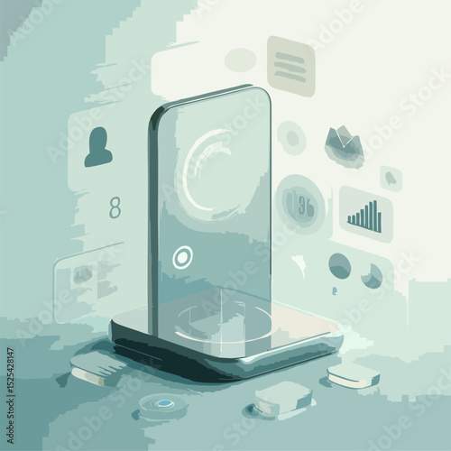 A stylish 3D glassmorphism user interface illustration featuring floating translucent UI elements, including profile icon, settings panel, smartphone, and data charts. Set against a soft white and min