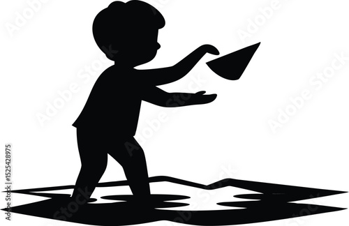 Child Playing with Paper Boat Silhouette – Childhood Fun in Water Puddle Illustration