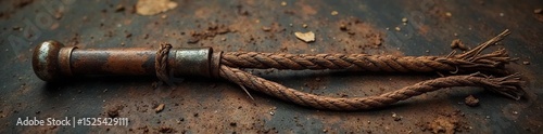 A historical depiction of a cruel overseer's whip, symbolic of oppression and the brutal realities of slavery The worn leather and rusted metal speak volumes of suffering , domination, oppression