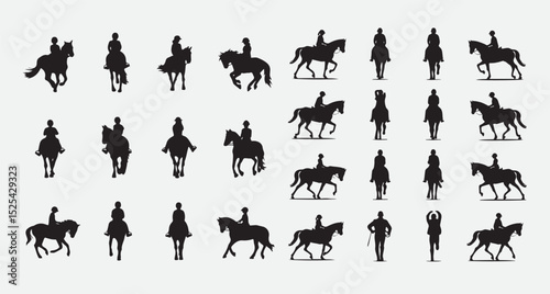 Set of twelve black silhouettes of horseback riders showing various riding poses and equestrian actions