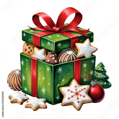 A festive green gift box is adorned with a vibrant red ribbon and filled with assorted cookies shaped like stars and holiday trees