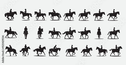 Silhouette illustration of horse riders performing different movements in clean grid format on white background