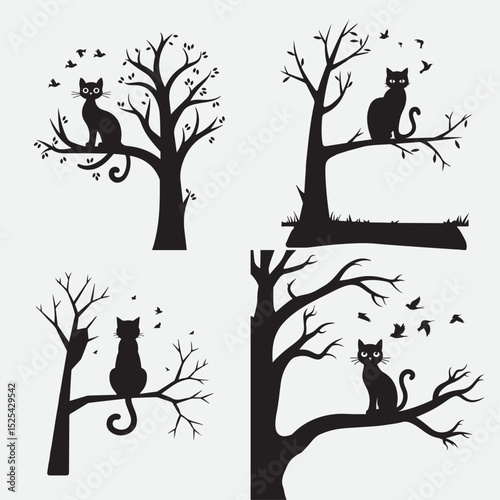 Silhouette illustration of cat on tree branch with flying birds in clean white background