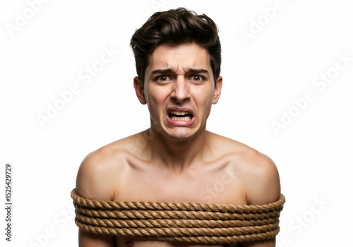 Young man in distress, tightly bound with brown rope conveying fear
