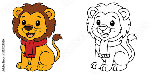 Coloring Book For Kids Cartoon Of A lion cub wearing a scarf Outline Vector Illustration