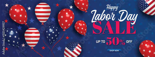 Vibrant Labor Day sale banner featuring balloons and USA flag elements in red, white, and blue. Perfect for promotions