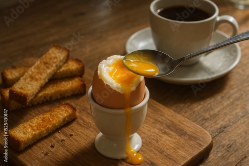 Boiled egg breakfast displays runny yolk and toasted bread with coffee served on a wooden board for a simple morning meal