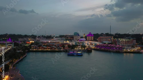 twilight sunset sky singapore city famous park sentosa island famous bay aerial panorama 4k 