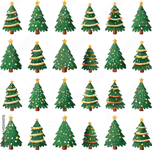 Collection of Watercolor Christmas Trees with Stars and Decorations on White