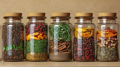Assorted spices in glass jars with cork lids