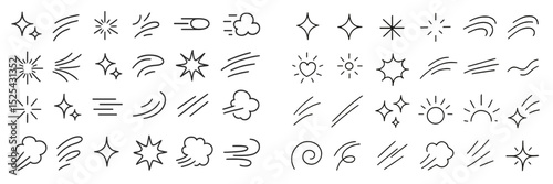 Collection of abstract line drawings depicting various weather elements and cosmic phenomena