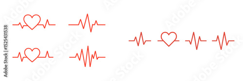 Heartbeat line designs illustrating various pulse patterns and heart symbols in a minimalist style