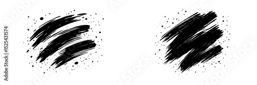 Abstract black brush strokes with splatter effect on white background suitable for design projects