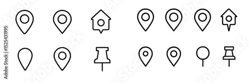 Various icons representing location markers and navigation tools for digital maps and applications