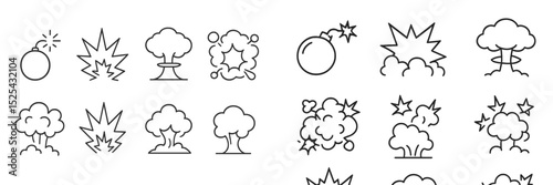 Explosions and blasts depicted through simple line art illustrations showcasing various explosion styles and effects