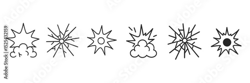 Visual representation of various explosion effects with different shapes and styles in black and white