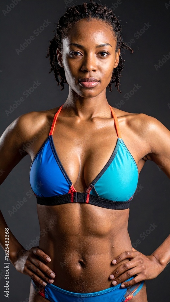 Obraz premium Vibrant Studio Portrait of Black African Woman Wearing Bikini on Dark Seamless Background