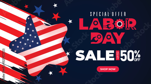 Eye catching Labor Day sale banner featuring American flags, stars, and bold text. Perfect for advertising campaigns