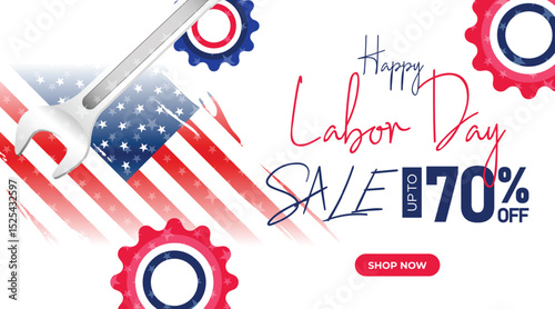 Celebrate Labor Day with this vibrant sale banner featuring gears and stripes in red, white, and blue. Ideal for promotions