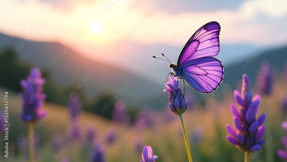Naklejka premium majestic purple butterfly perches delicately lavender bloom set soft diffused light backdrop rolling hills