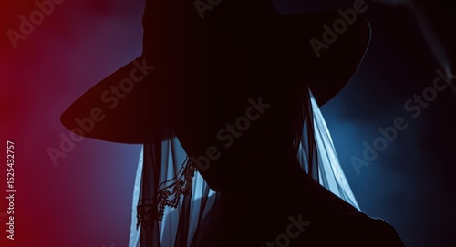 Woman silhouette in hat fashion photography studio lighting red and blue background