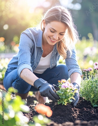Outdoor Portrait of Young Woman Planting Flowers, Relaxed Casual Style