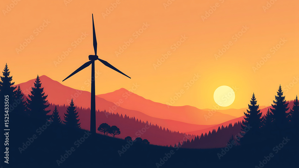 Obraz premium single wind turbine stands amidst serene forest landscape golden hour blades silhouetted warm orange hues twilight