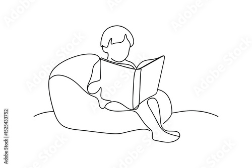 Child reading book line drawing comfy beanbag chair