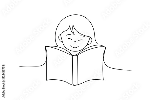 Happy girl reading book line drawing illustration