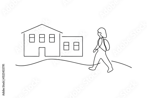 Single line drawing student walking to school building