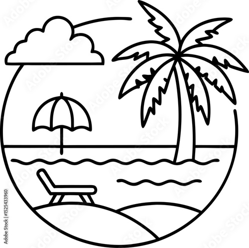 Beach scene illustration featuring palm tree umbrella and lounger in a circle