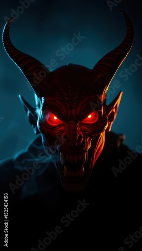Scary demon halloween costume with red eyes and horns for horror themed backgrounds