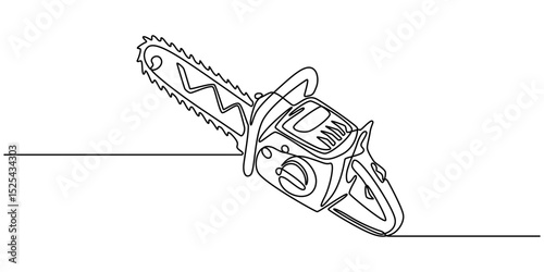 Chainsaw in one continuous line drawing. Representation of power tools and outdoor work, One continuous line drawing of an chainsaw. One line concept graphic design vector illustration of building. 