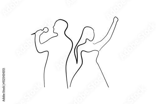 Line drawing of singing duo performing on stage
