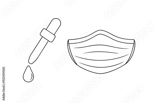 Line drawing of a face mask and dropper bottle