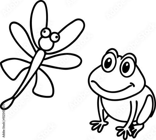 Cute dragonfly and frog cartoon illustration in black and white for educational purposes